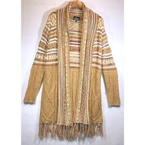 Angie Sweater Long Knit Open Cardigan Fringe Gold Mustard Yellow Womens Size M